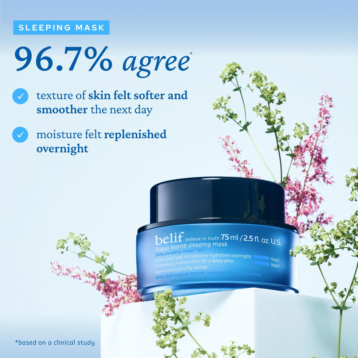 belif jar staged with nighttime routine items to show pillow-proof, non-greasy benefit