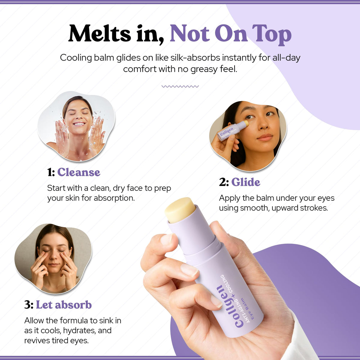Bella Bliss balm applied under eye demonstrating cooling depuffing effect