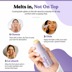 Bella Bliss balm applied under eye demonstrating cooling depuffing effect