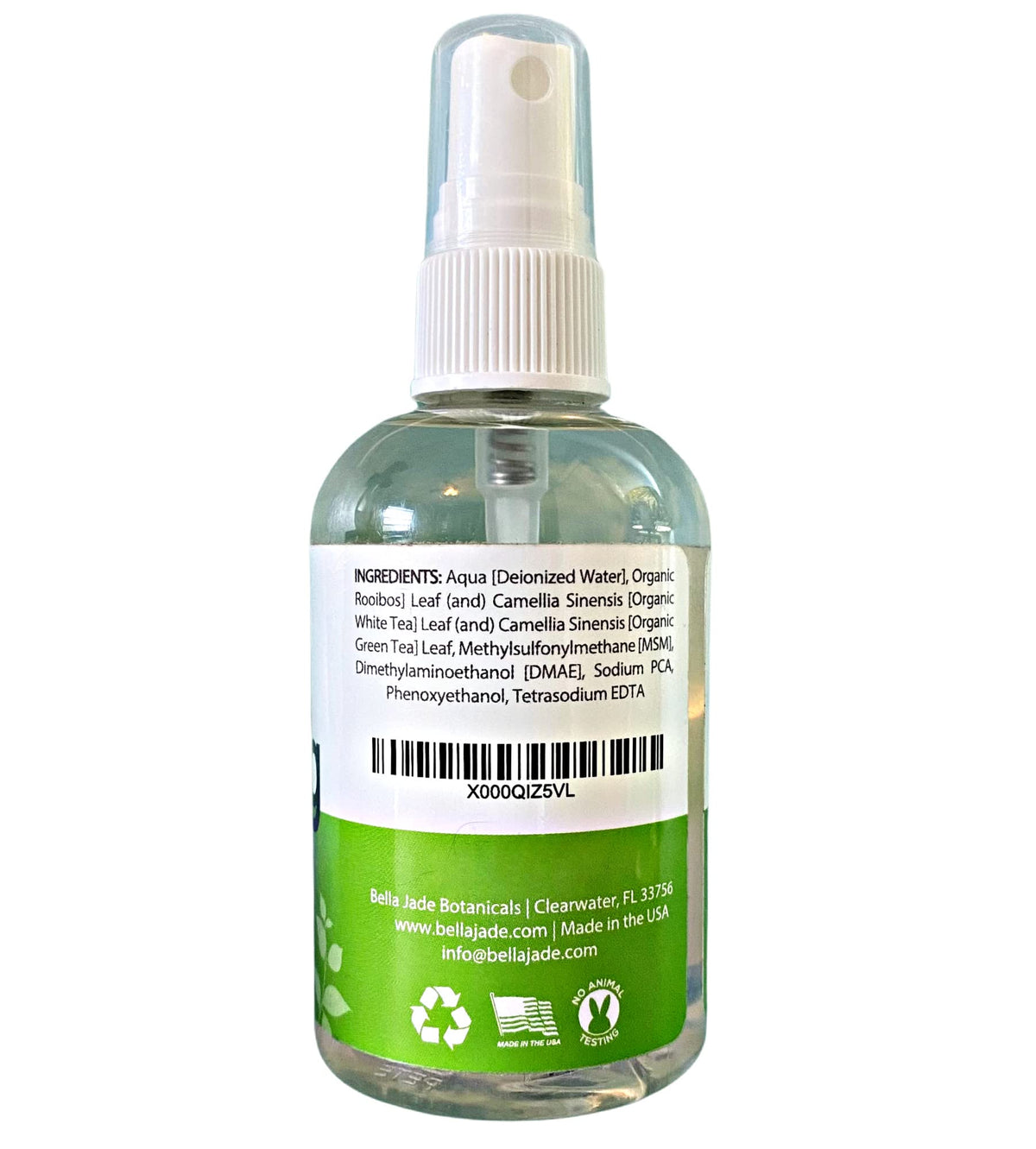 Bella Jade bottle beside green tea leaves showing antioxidant benefit