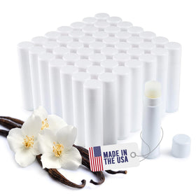 Belladonna front view of 50-count vanilla lip balm tubes showing clean bulk packaging and quick branding benefit