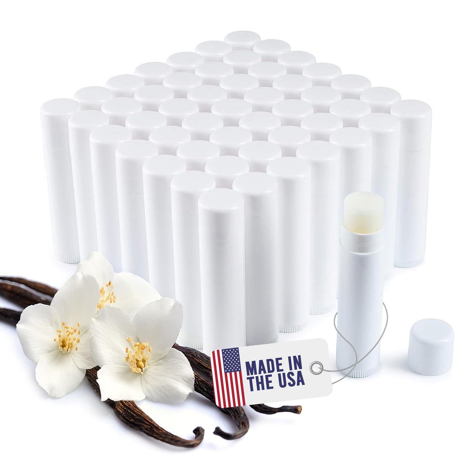Belladonna front view of 50-count vanilla lip balm tubes showing clean bulk packaging and quick branding benefit