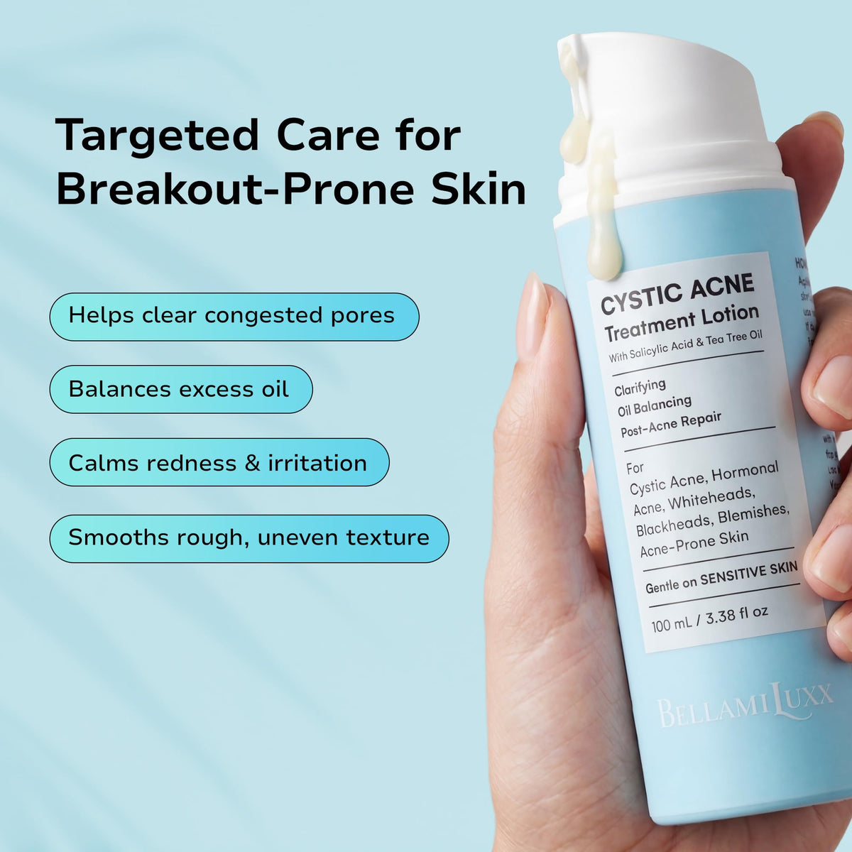 BellamiLuxx being dabbed on a pimple to demonstrate targeted spot treatment