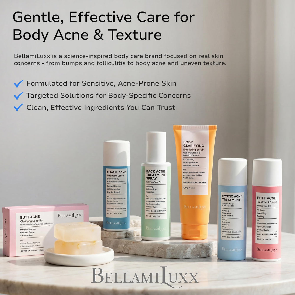 BellamiLuxx bottle on towel conveying gentle daily body care