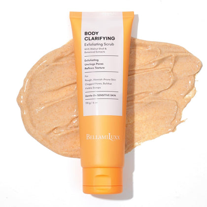 BellamiLuxx front bottle view showing product and helpful exfoliation benefits