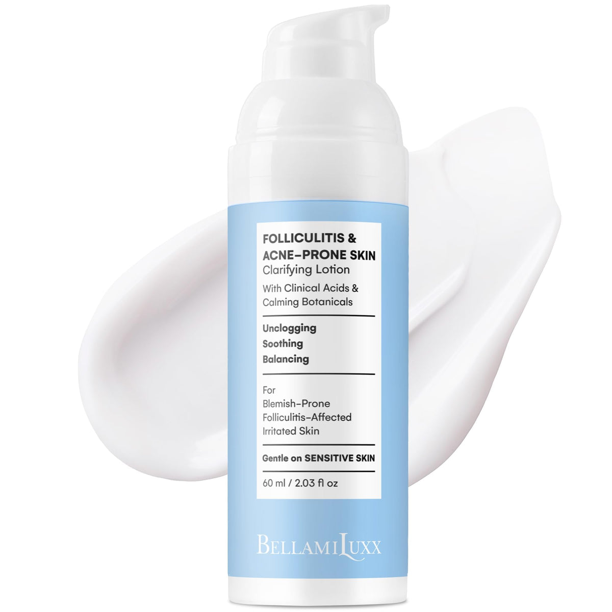 BellamiLuxx front bottle view showing clear benefits for body bumps