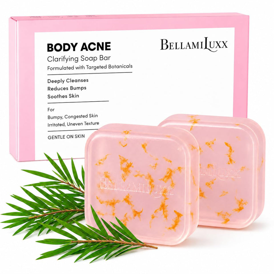 BellamiLuxx front packaging showing acne soap bar and benefits