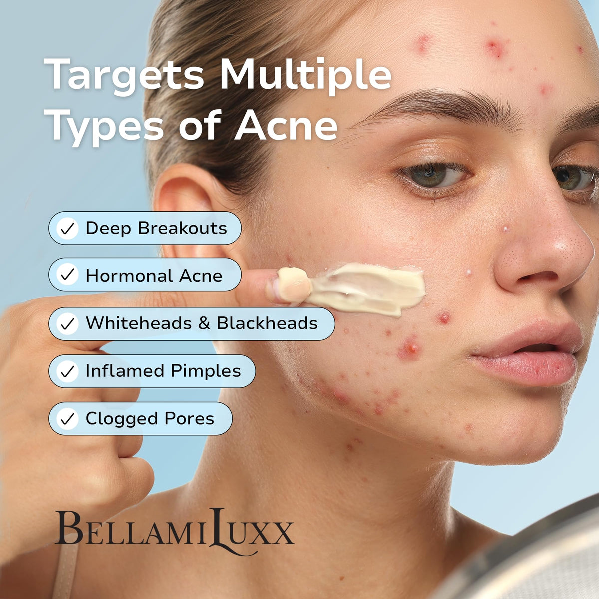 BellamiLuxx ingredient shot with salicylic acid and tea tree for unclogging pores