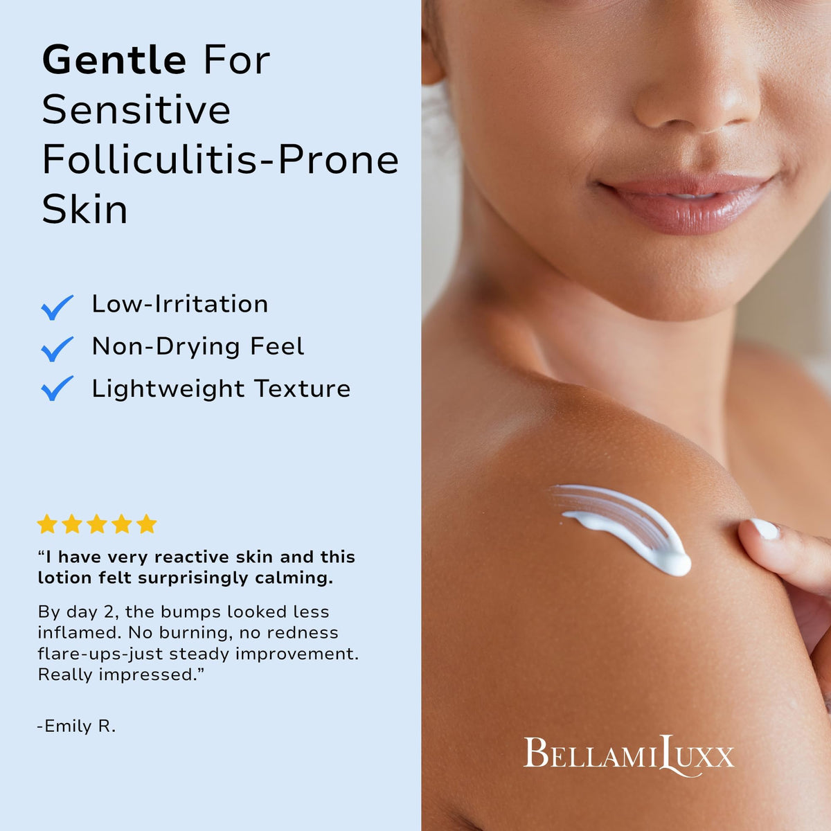 BellamiLuxx bottle staged in shower setting for post-workout care