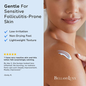 BellamiLuxx bottle staged in shower setting for post-workout care