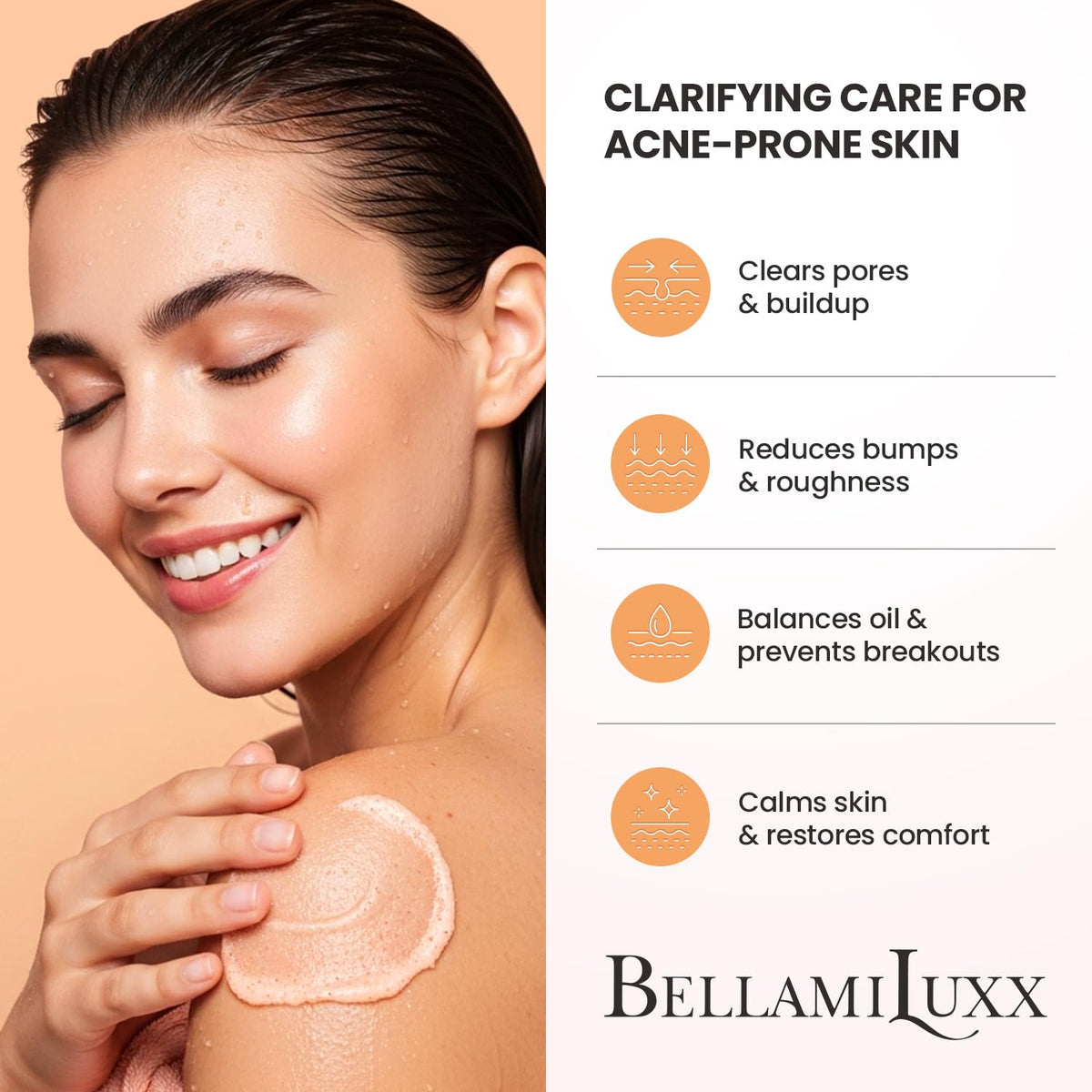 BellamiLuxx scrub texture close-up revealing gentle grain and smoothing benefit