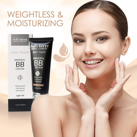 Bellaterra Cosmetics blended on half face showing natural matte finish benefit