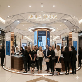 Bellaterra Cosmetics beside a ruler showing 1.69 oz size and portability benefit