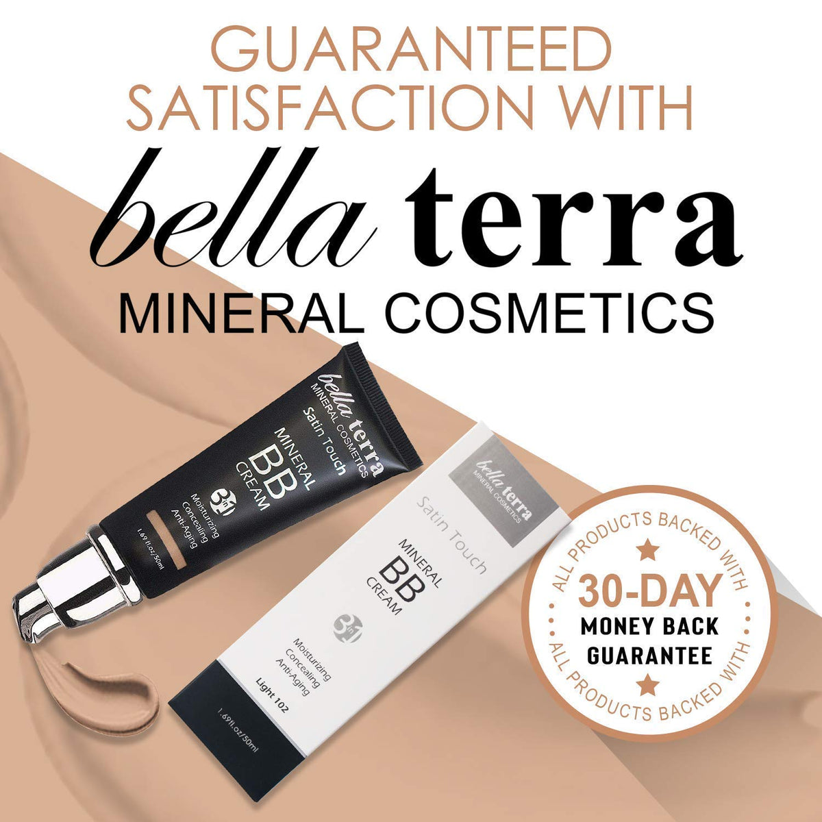 Bellaterra Cosmetics next to brush and sponge showing easy layering benefit