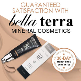 Bellaterra Cosmetics next to brush and sponge showing easy layering benefit