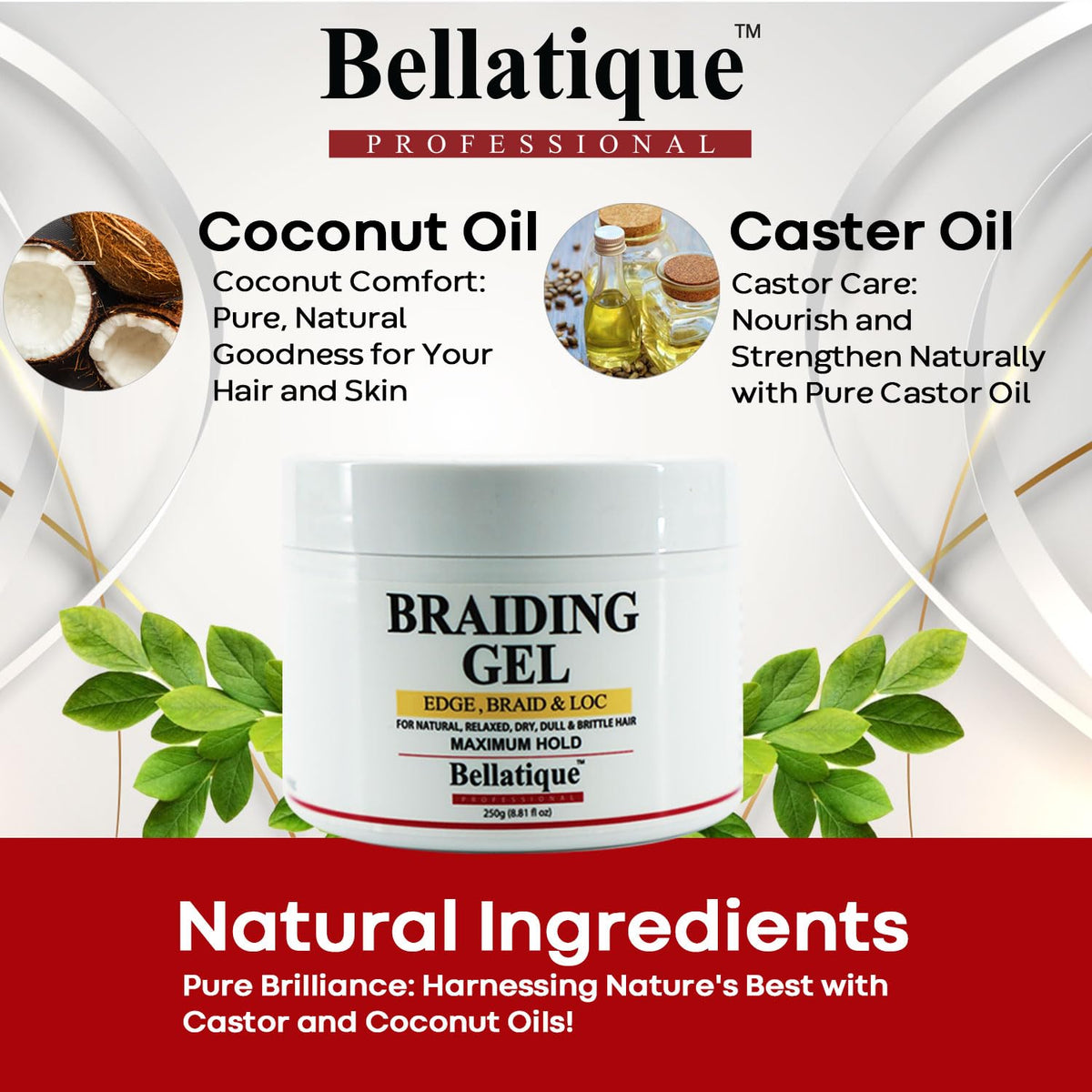 BELLATIQUE label close-up highlighting key features like no whitening and maximum hold
