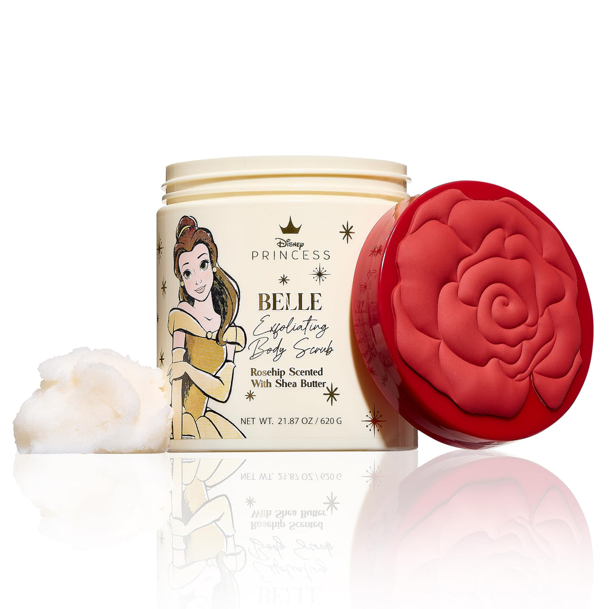 Belle Maison jar front showing Princess Belle design and generous 21.87 oz size benefit