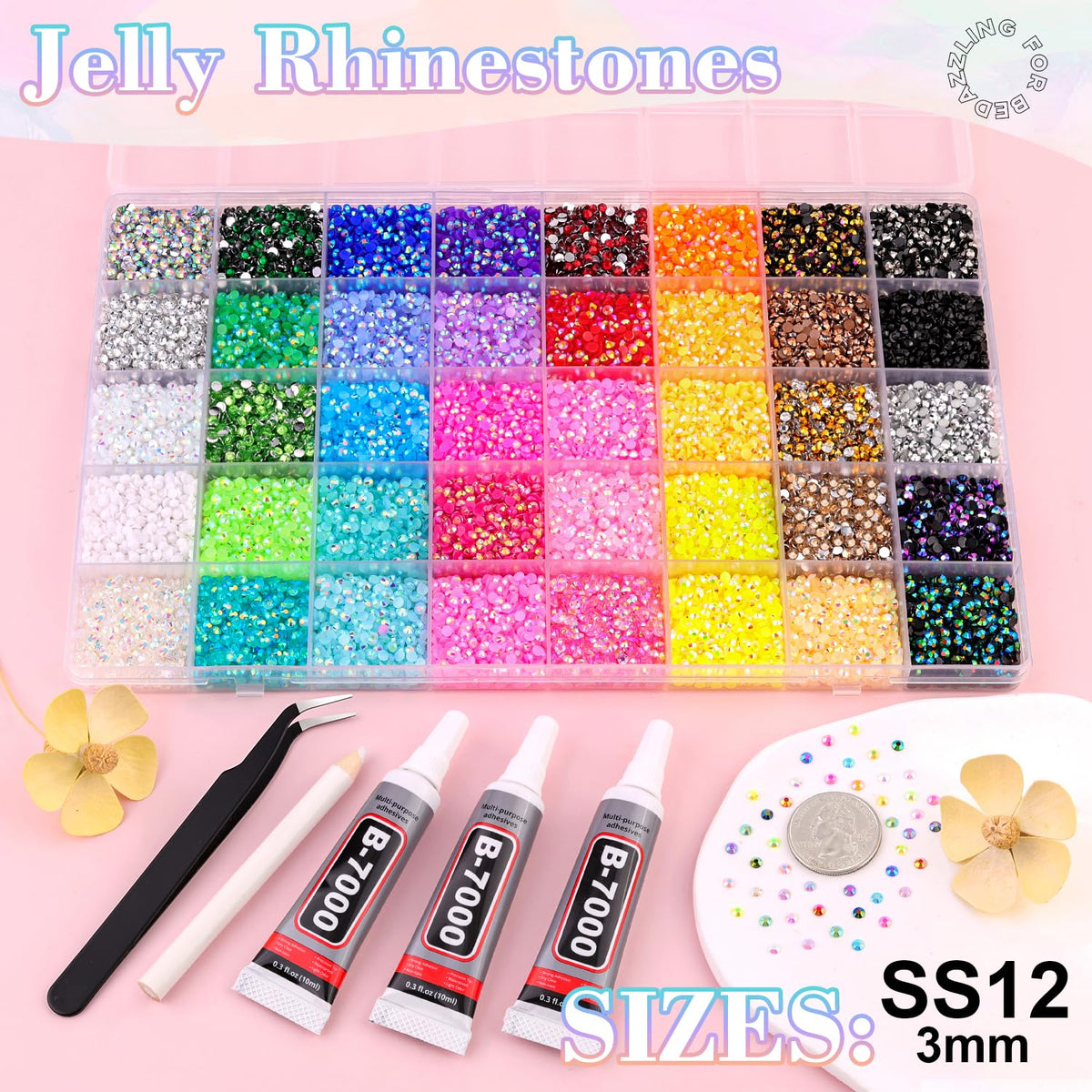 BELLEBOOST open box with 40 color compartments showing organized gem variety