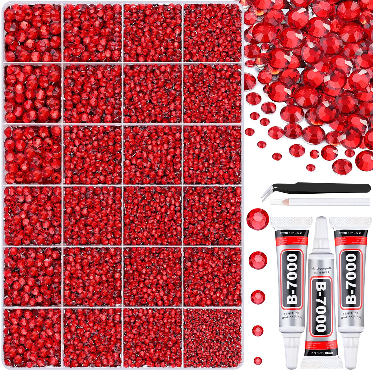 BELLEBOOST front box showing 24-grid of red rhinestones and tools for instant crafting