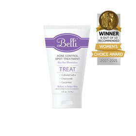 Belli spot treatment on bathroom shelf in lifestyle scene promoting pregnancy-safe care