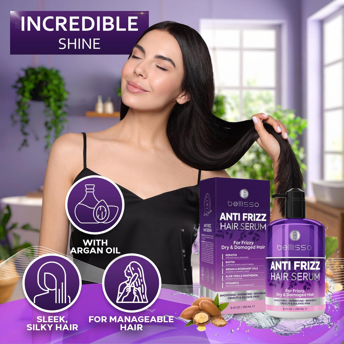 BELLISSO applied to towel-dried hair to smooth and prep for styling