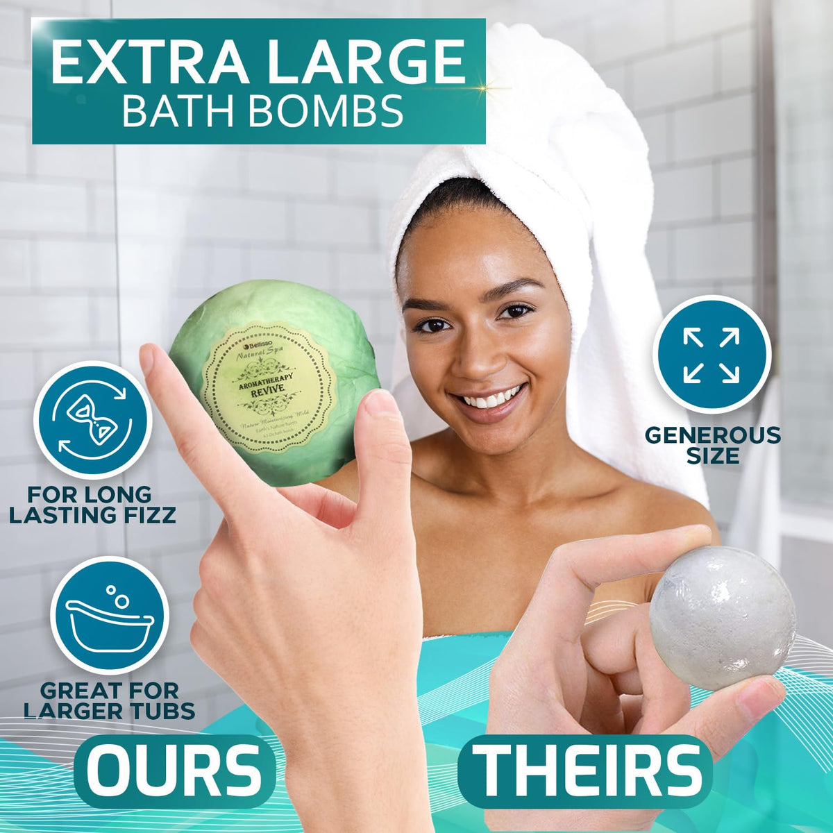 BELLISSO bath bomb dissolving in tub creating long-lasting fizz and soothing foam