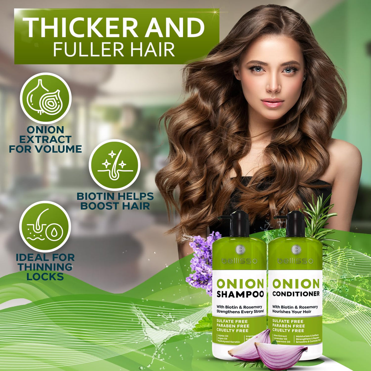 BELLISSO bottle close-up label listing botanicals and salon-grade promise