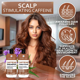 Bellisso bottle closeup label highlighting caffeine formula and salon-grade benefit