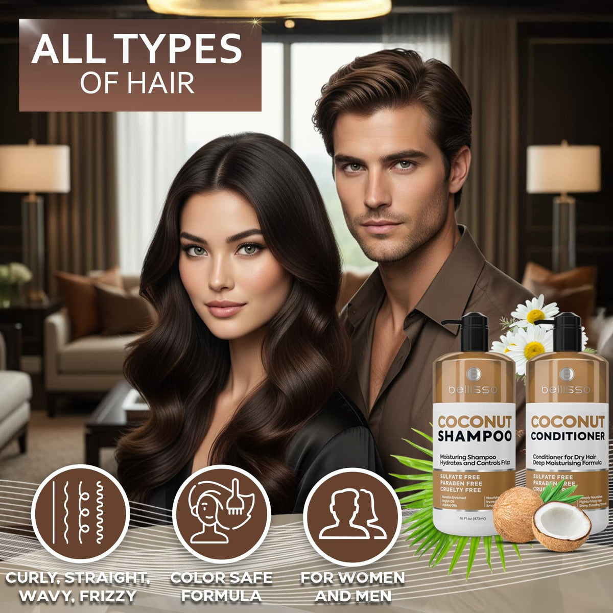 BELLISSO label close-up listing coconut ingredients and cruelty-free benefit