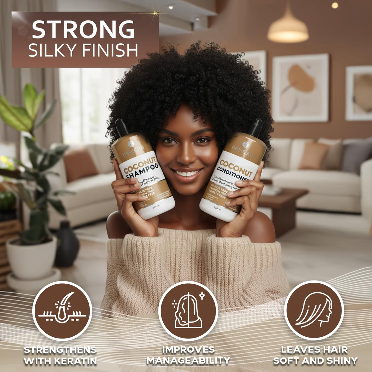 BELLISSO lifestyle before-and-after hair shot showing smoother, frizz-free hair