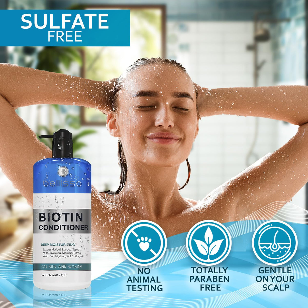 BELLISSO conditioner rinsing in shower to restore hair