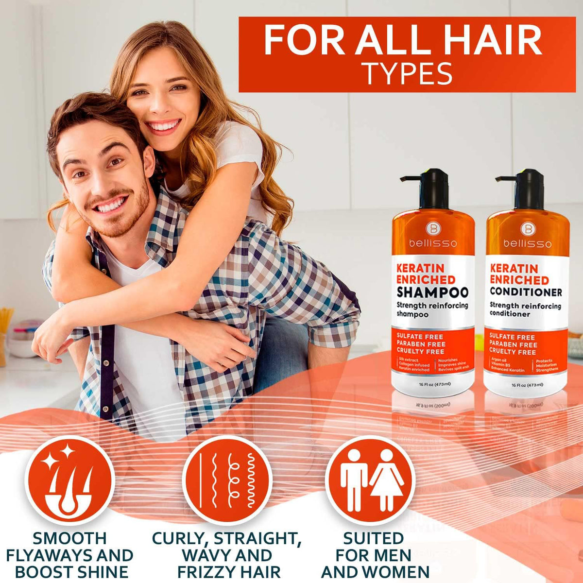 BELLISSO dry styled shiny hair lifestyle image showing smoother, frizz-reduced finish