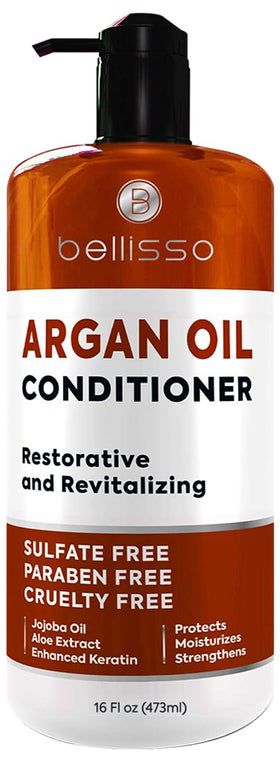 Bellisso front bottle showing argan conditioner packaging and clear product identity