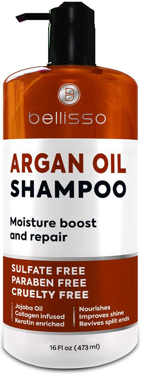 BELLISSO front bottle showing label and argan oil benefit