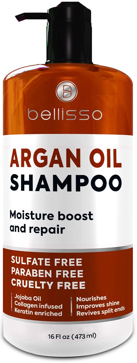 BELLISSO front bottle showing label and argan oil benefit
