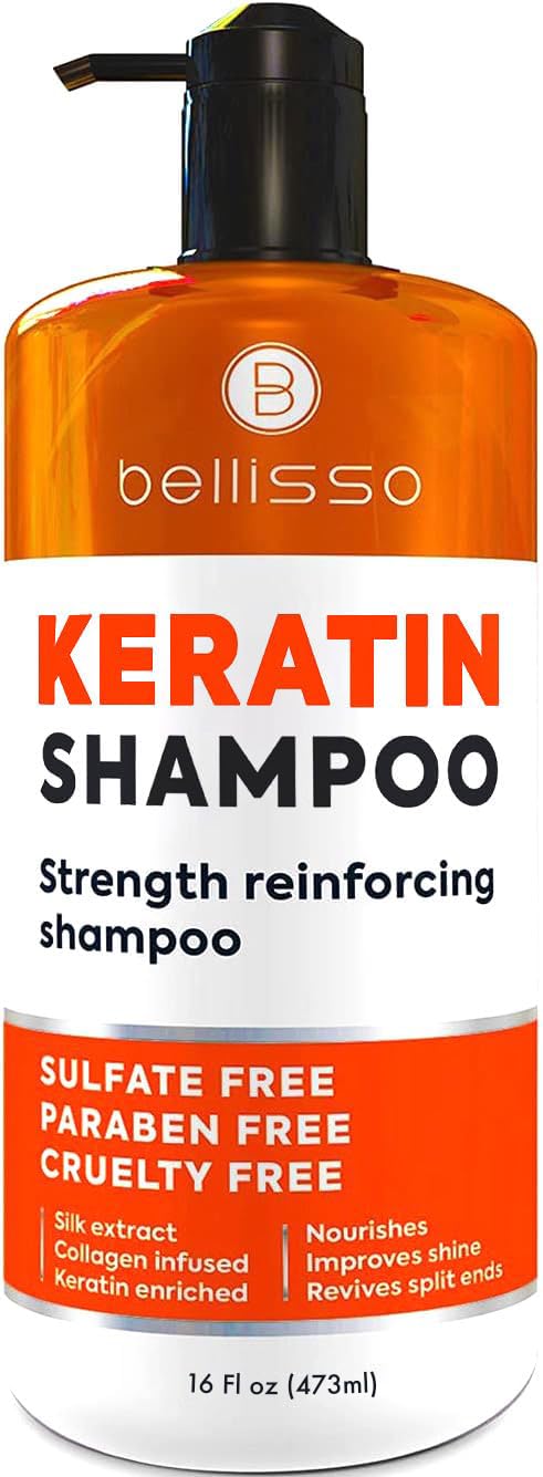 BELLISSO bottle front view showing keratin shampoo benefits
