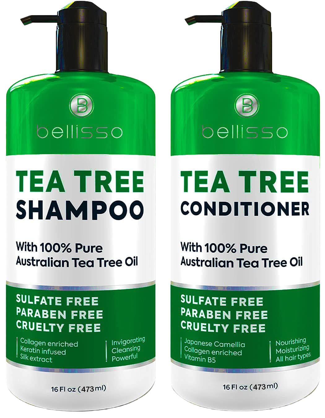 BELLISSO front bottles of shampoo and conditioner showing packaging and benefits