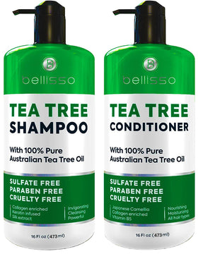 BELLISSO front bottles of shampoo and conditioner showing packaging and benefits