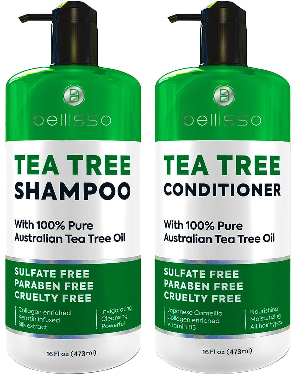 BELLISSO front bottles of shampoo and conditioner showing packaging and benefits
