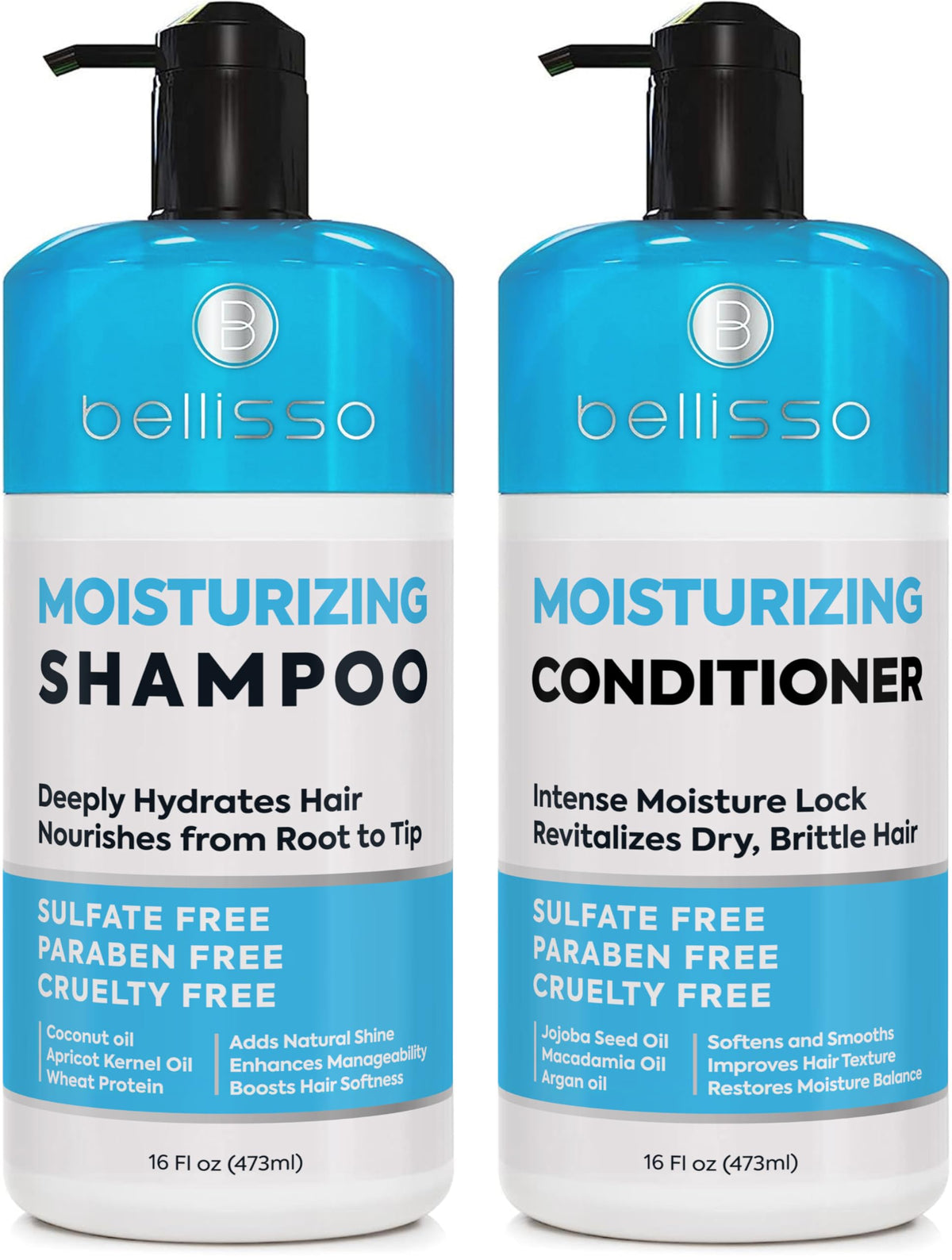 BELLISSO front bottles showing moisturizing duo benefits