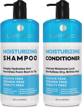 BELLISSO front bottles showing moisturizing duo benefits