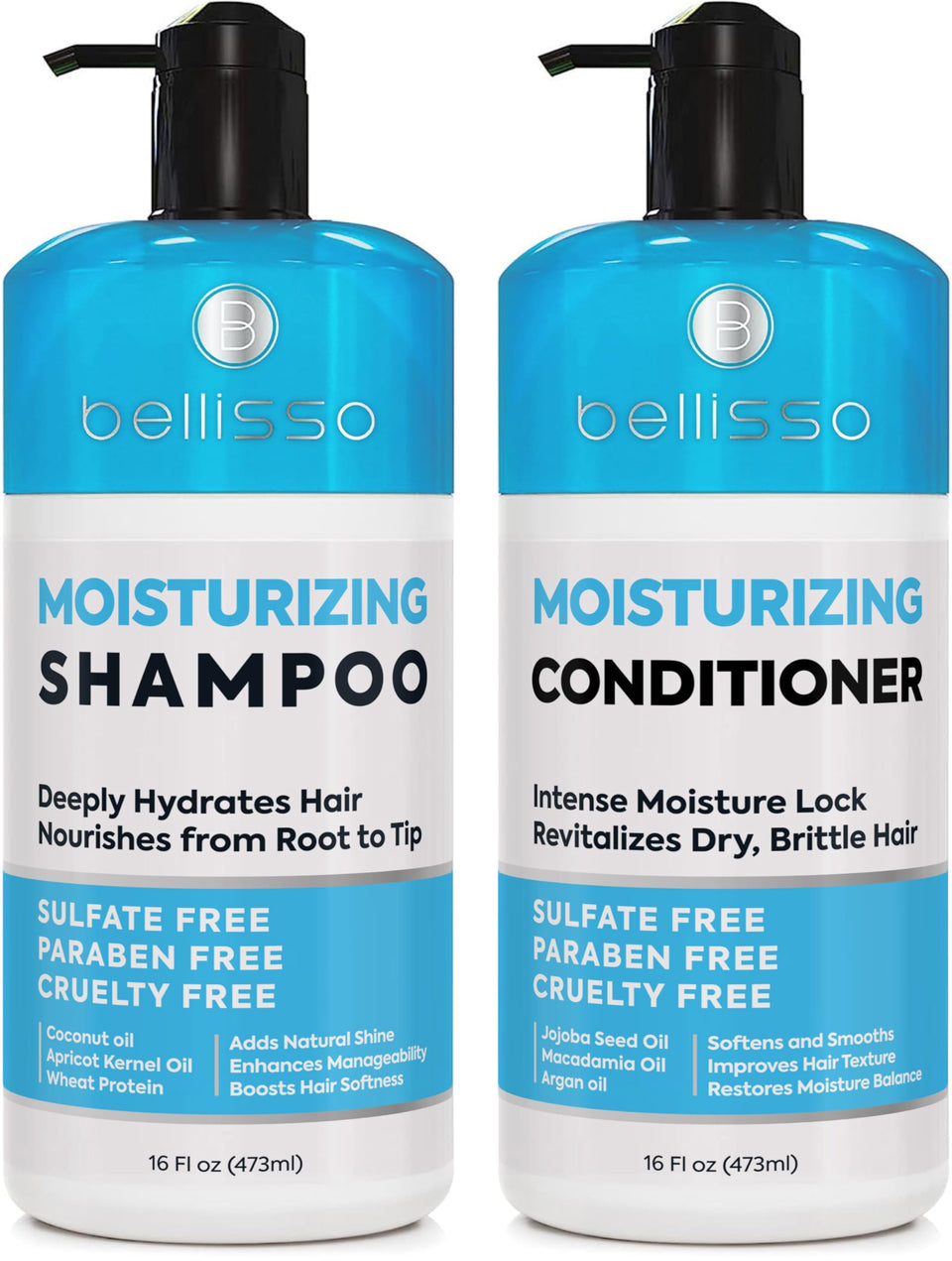 BELLISSO front bottles showing moisturizing duo benefits