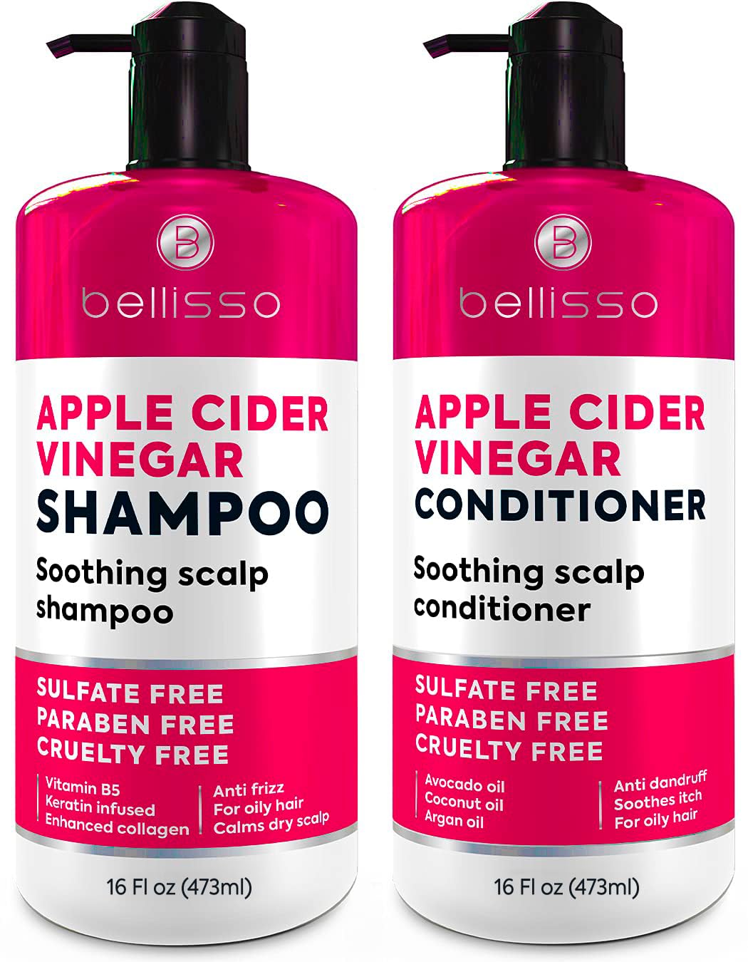 BELLISSO front packaging showing complete shampoo and conditioner set, clarifying benefits