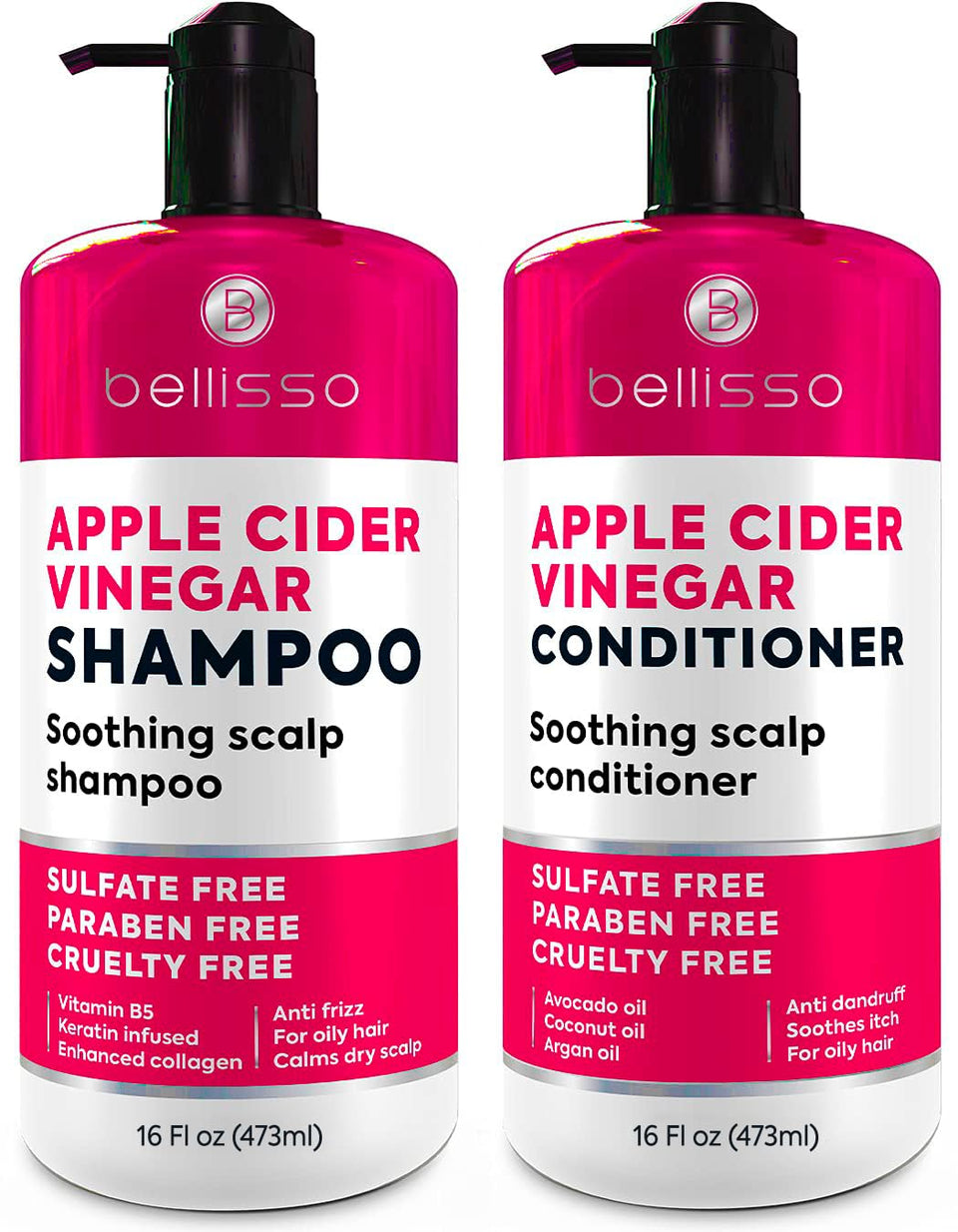 BELLISSO front packaging showing complete shampoo and conditioner set, clarifying benefits