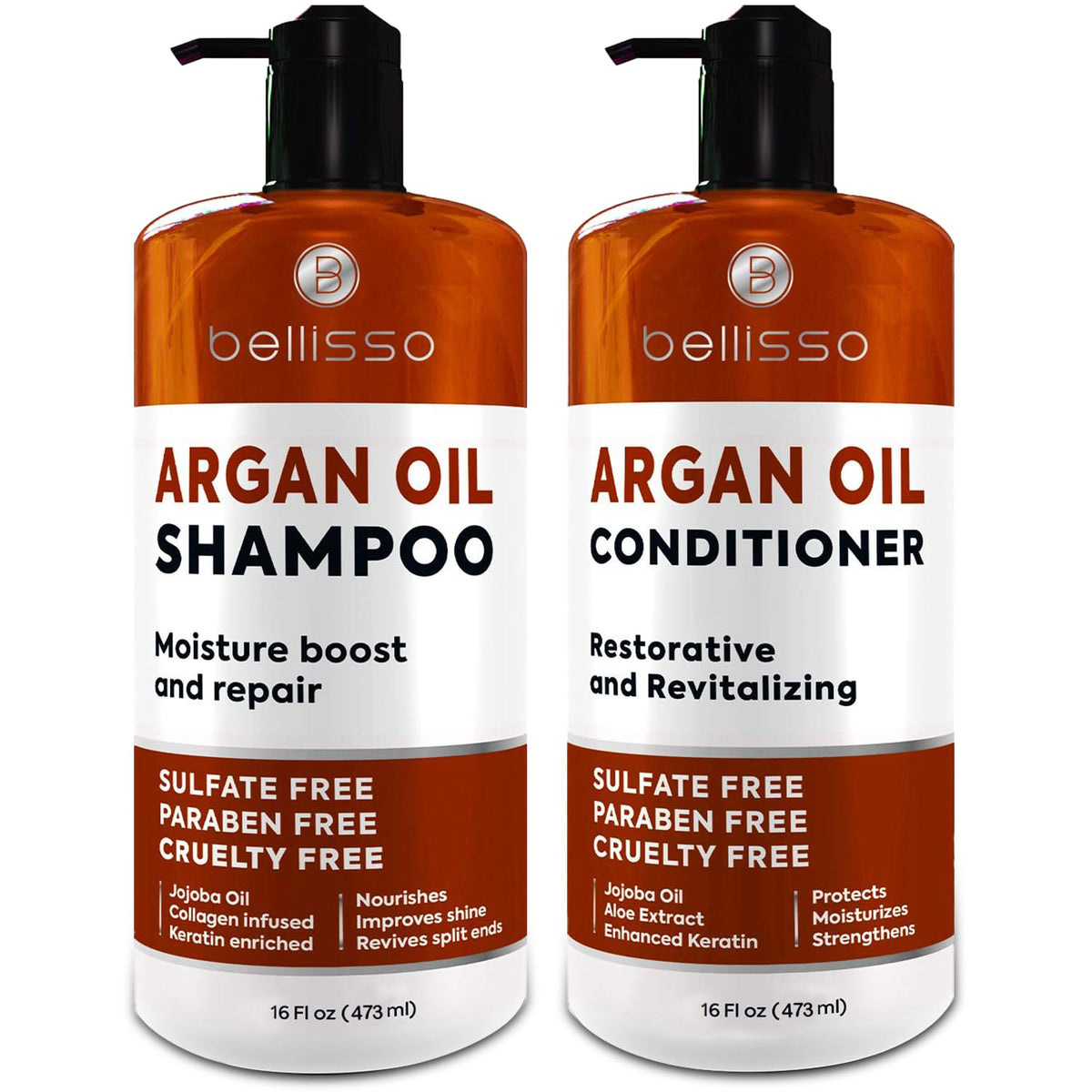 BELLISSO front packaging showing dual shampoo and conditioner bottles with product benefits