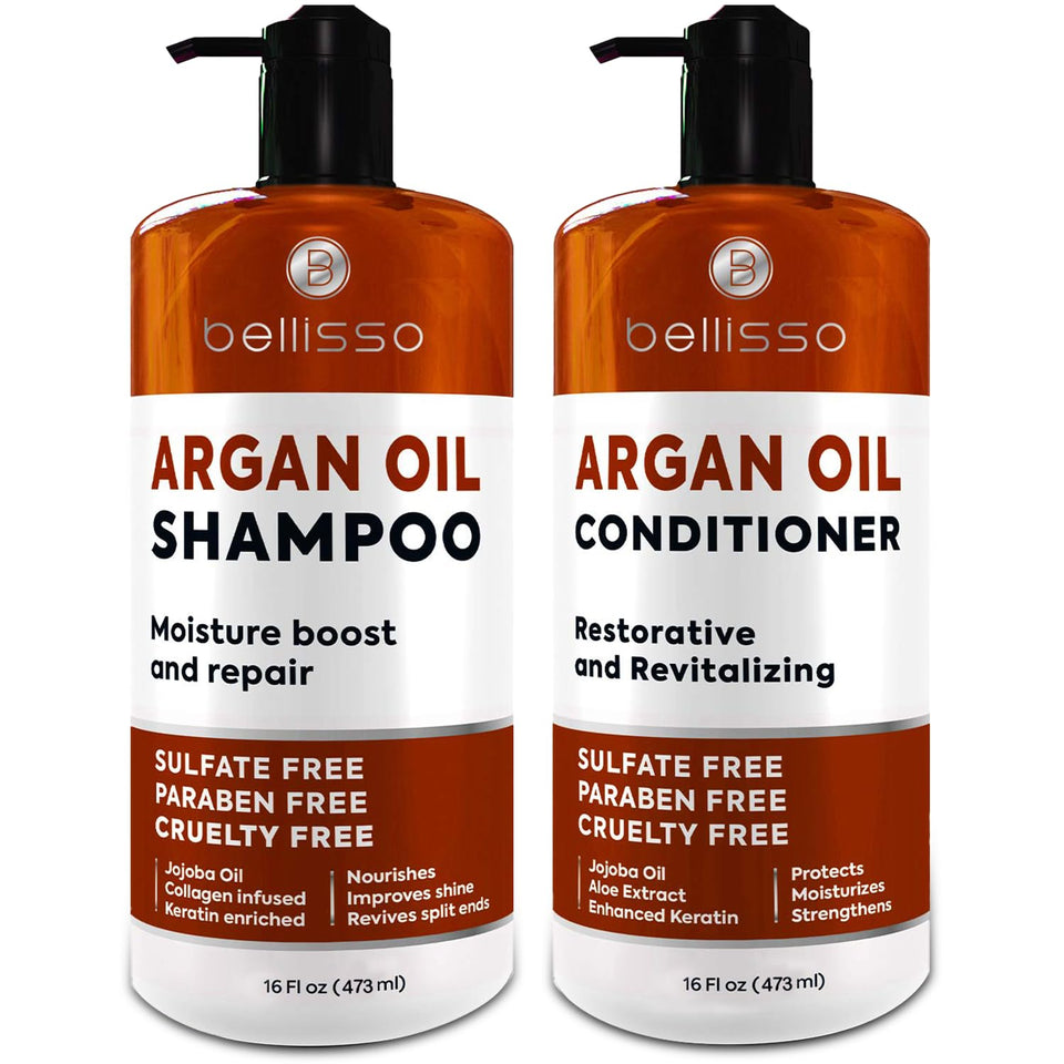 BELLISSO front packaging showing dual shampoo and conditioner bottles with product benefits