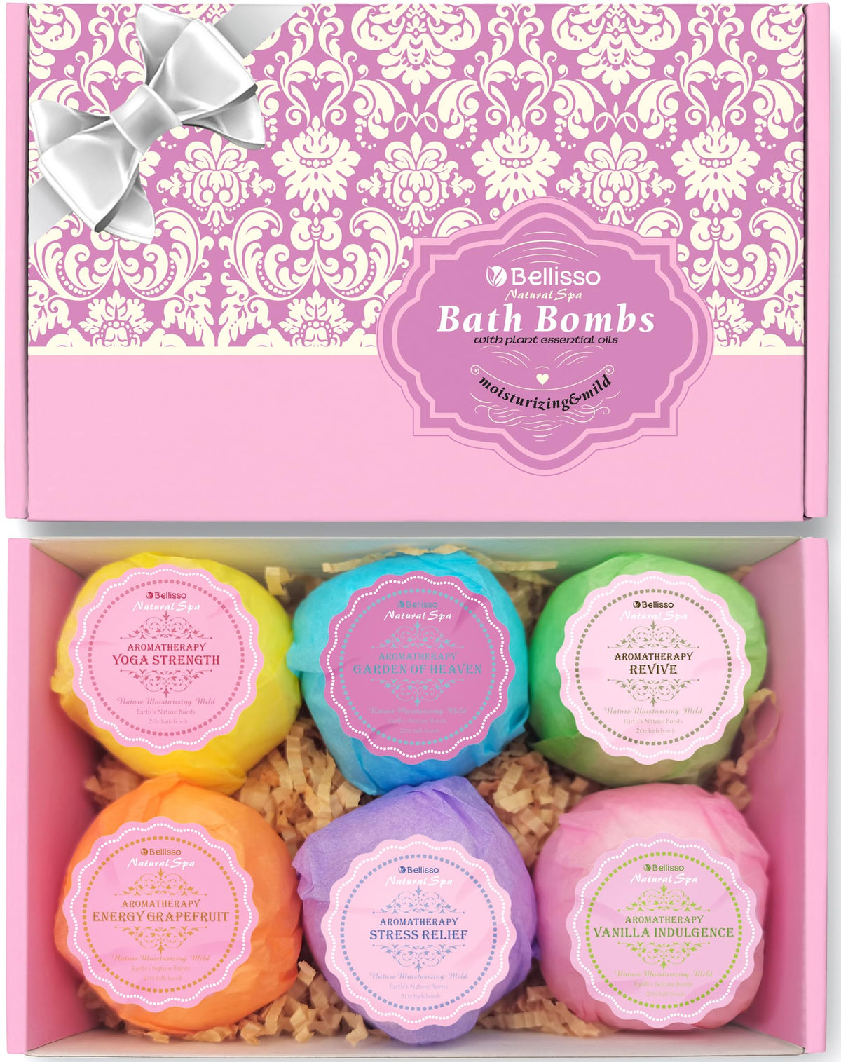 BELLISSO front packaging view showing six wrapped bath bombs and gift-ready presentation