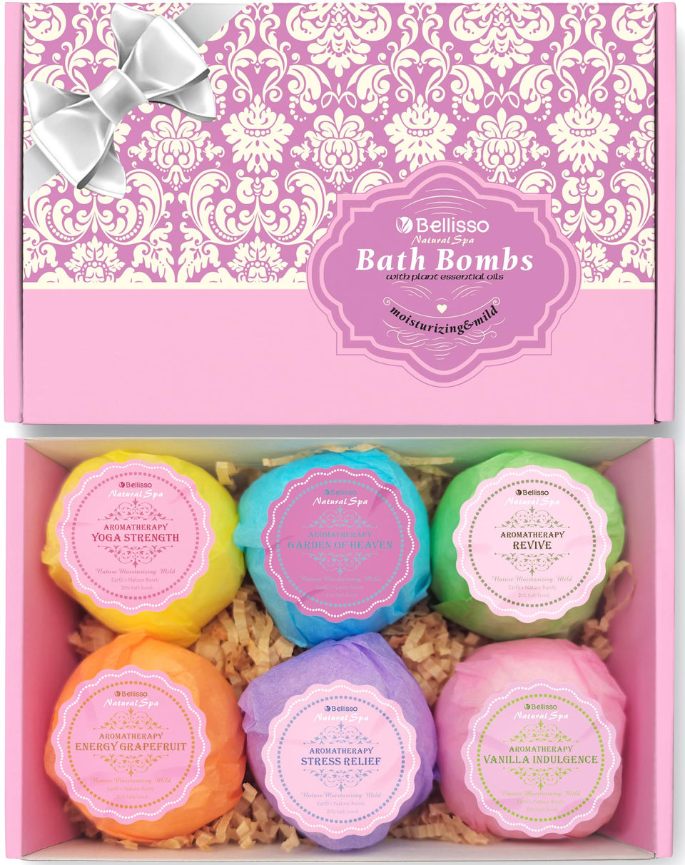 BELLISSO front packaging view showing six wrapped bath bombs and gift-ready presentation
