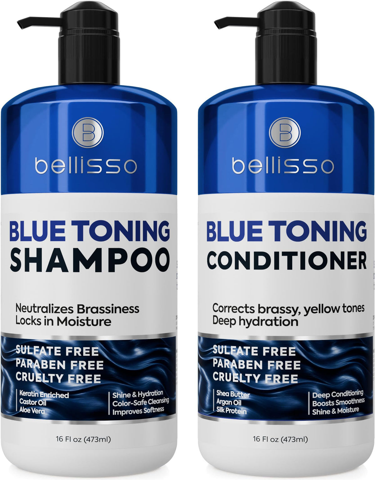 BELLISSO front packaging blue shampoo and conditioner set shows professional toning benefits