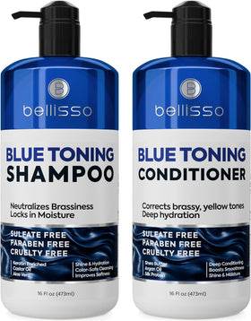 BELLISSO front packaging blue shampoo and conditioner set shows professional toning benefits